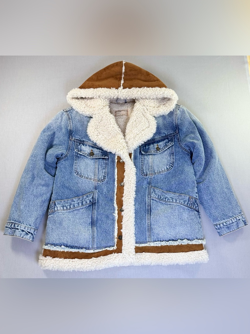 Free People Magnolia Cozy Denim Sherpa Jacket Hooded Size S